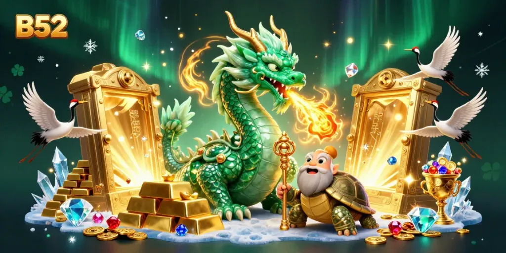 Win big with B52 at this lively casino scene featuring lucky dragons and treasure!
