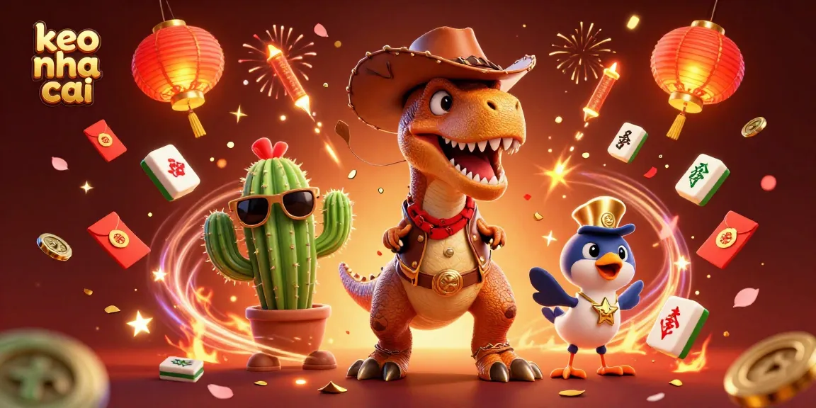 Experience keo nha cai thrills with a dynamic 3D scene featuring a cowboy dinosaur, cactus, and roadrunner in a festive casino setting.