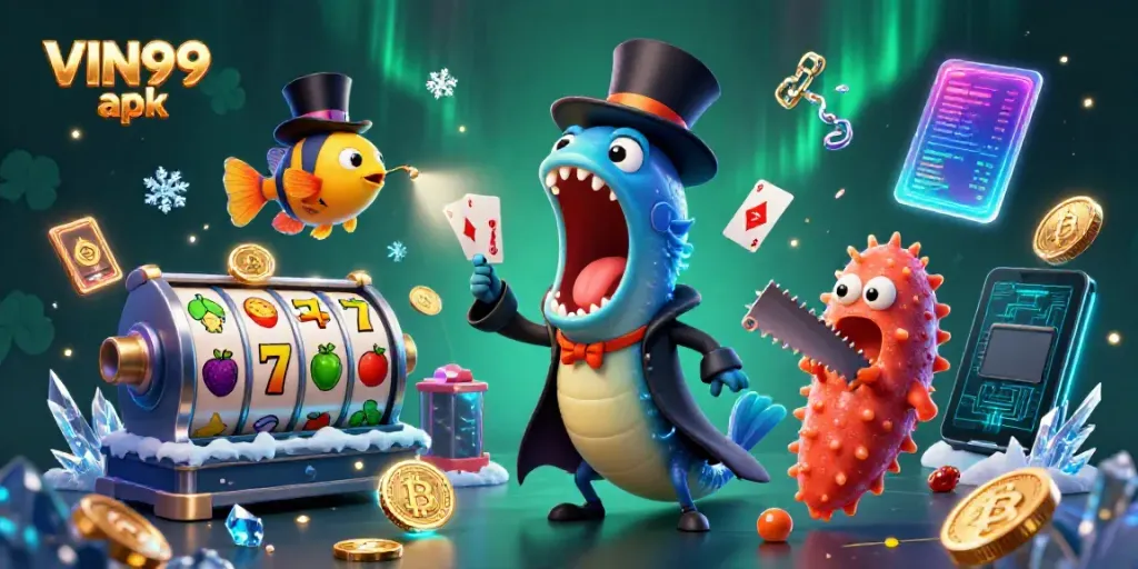 Engage with the exciting world of VIN99 apk as a bioluminescent eel performs card tricks in an electrifying casino scene.