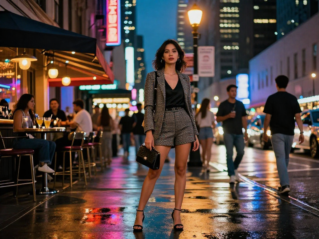 Gái gọi trong không khí hiện đại, tỏa sáng dưới ánh đèn neon tại phố phường sôi động.