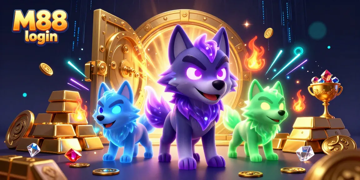 Experience M88 login seamlessly with a vibrant 3D illustration depicting casino treasures and energetic wolf characters.