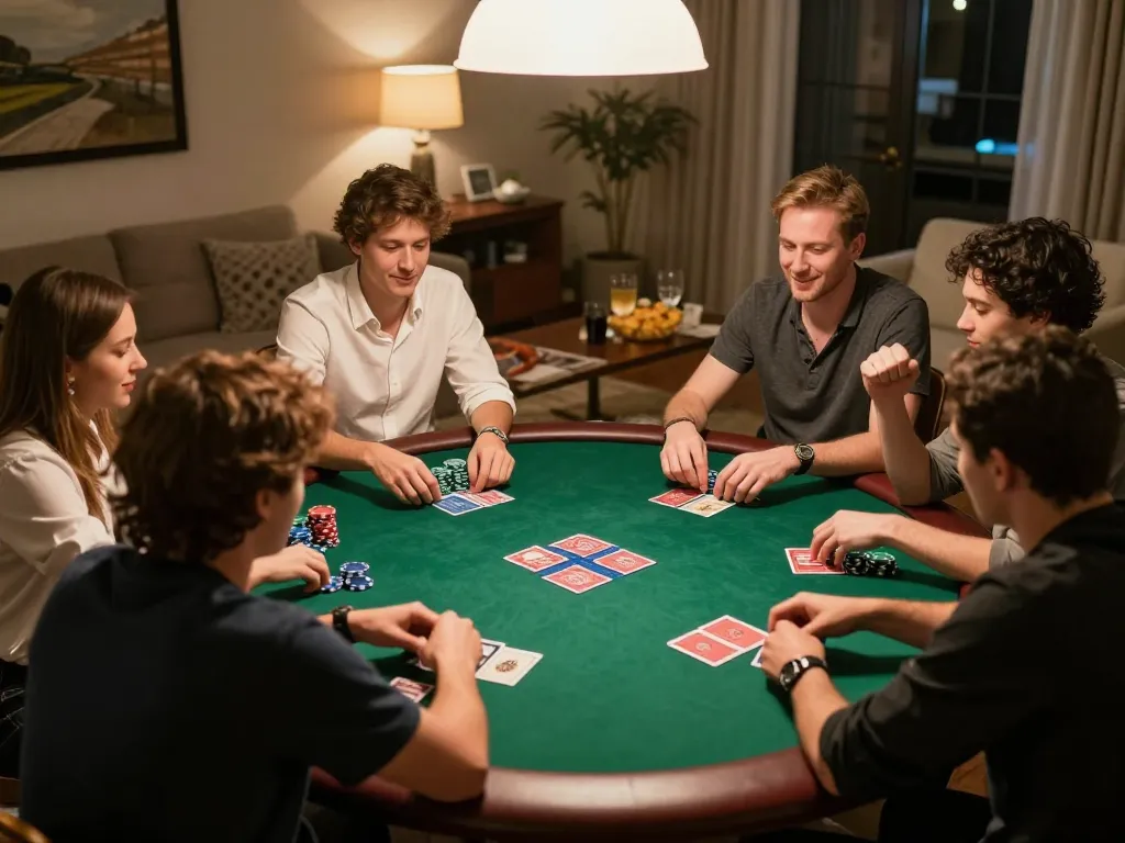 O8 poker night with friends around table, celebrating a win in a cozy home ambiance