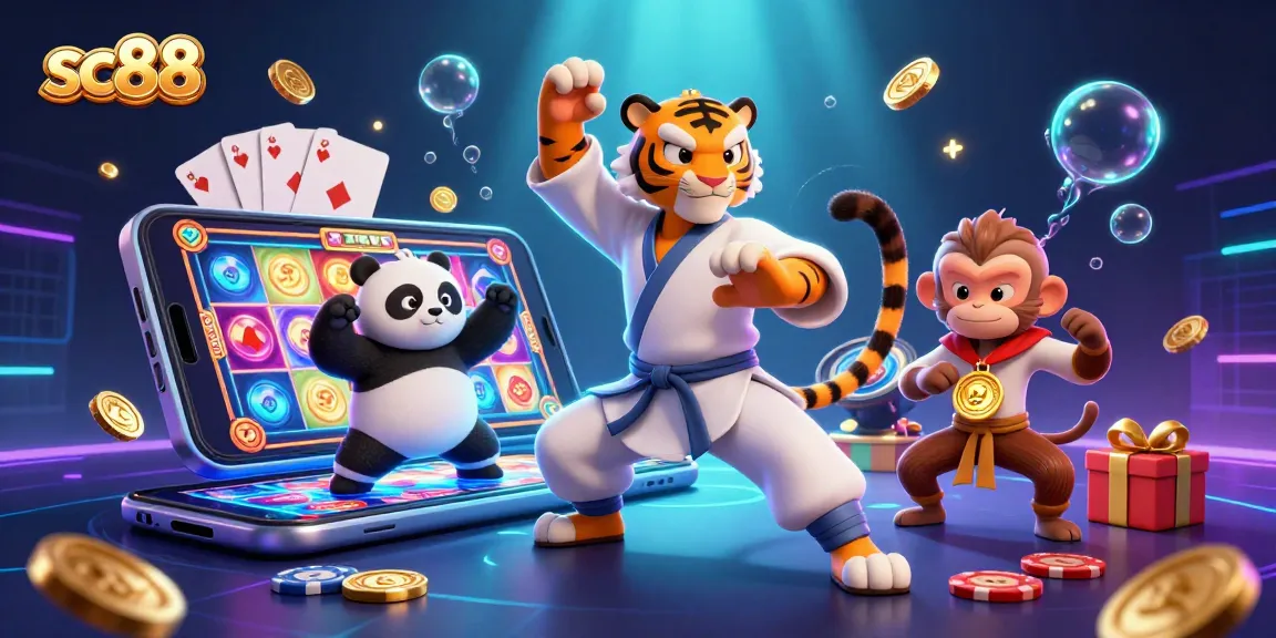 Engage in thrilling gameplay with sc88 featuring vibrant 3D characters showcasing slot action and casino elements.