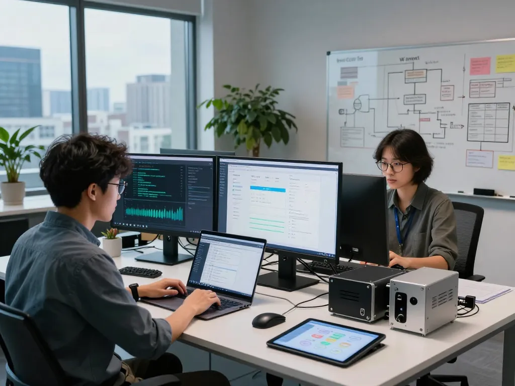 Engineer coding hbet software in a modern tech lab with multiple screens and a city view.