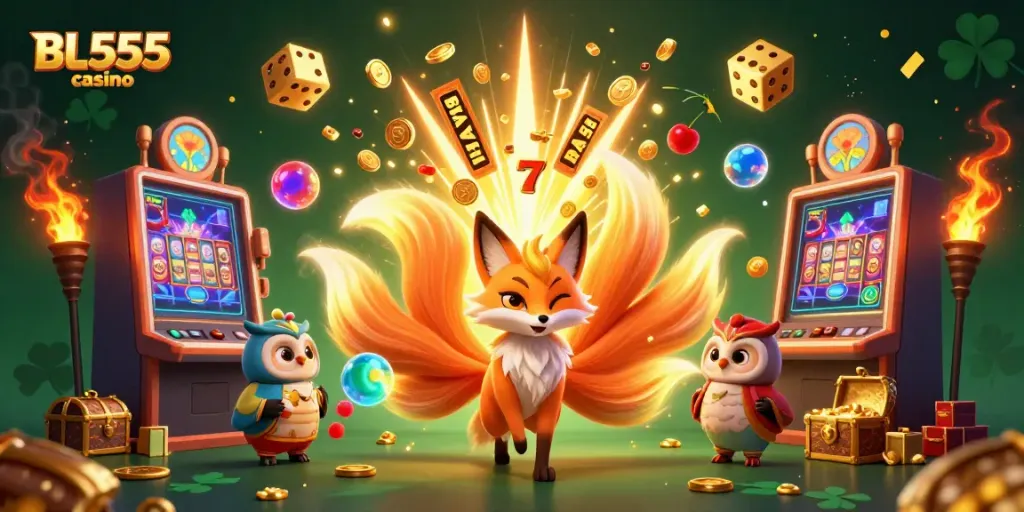 Experience the excitement of BL555 casino with a vibrant illustration of winning moments and festive gaming elements.