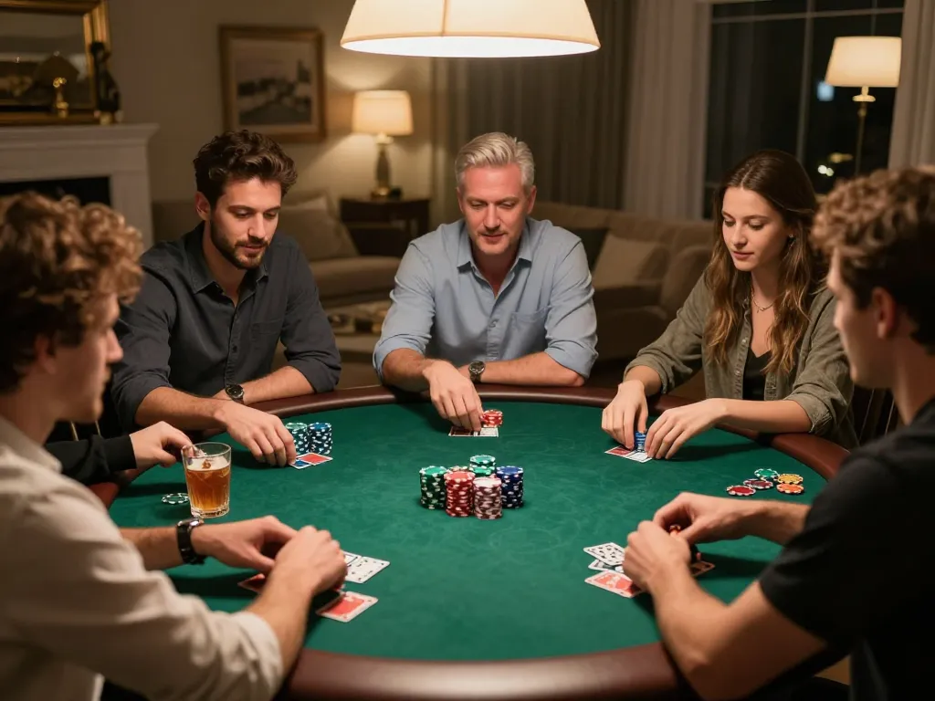 F168 players engaging in an exciting home poker game with colorful chips and warm ambiance.