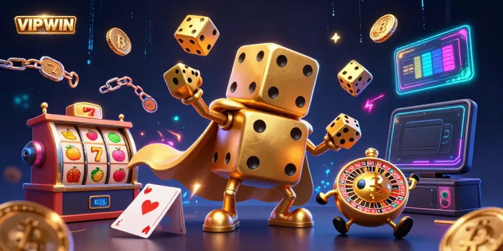 Experience the excitement of VIPWIN with a dynamic scene featuring a golden dice golem juggling while surrounded by colorful casino elements.