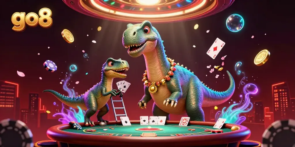 Experience the excitement of go8, where a playful brontosaurus interacts with a clever raptor at a casino.