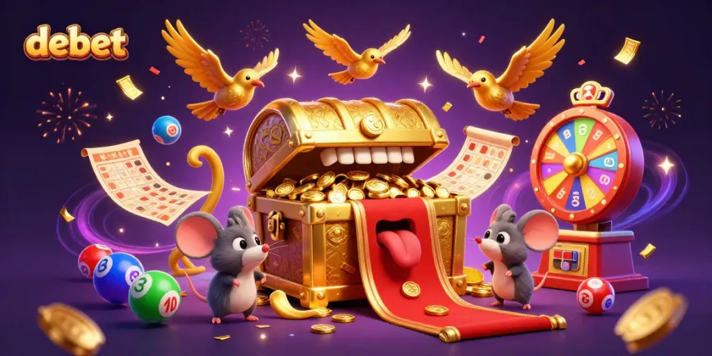 Engaging scene at debet showcasing a golden treasure chest luring adventurer mice amid vibrant gambling elements.