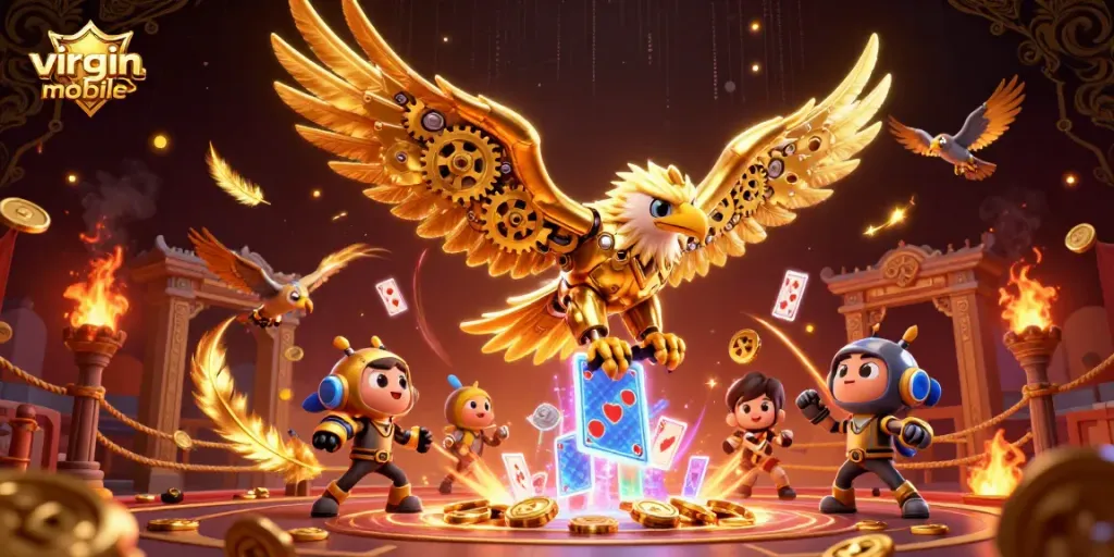 Experience the thrill of gaming at virgin-mobile with our dynamic 3D casino art featuring a golden eagle.