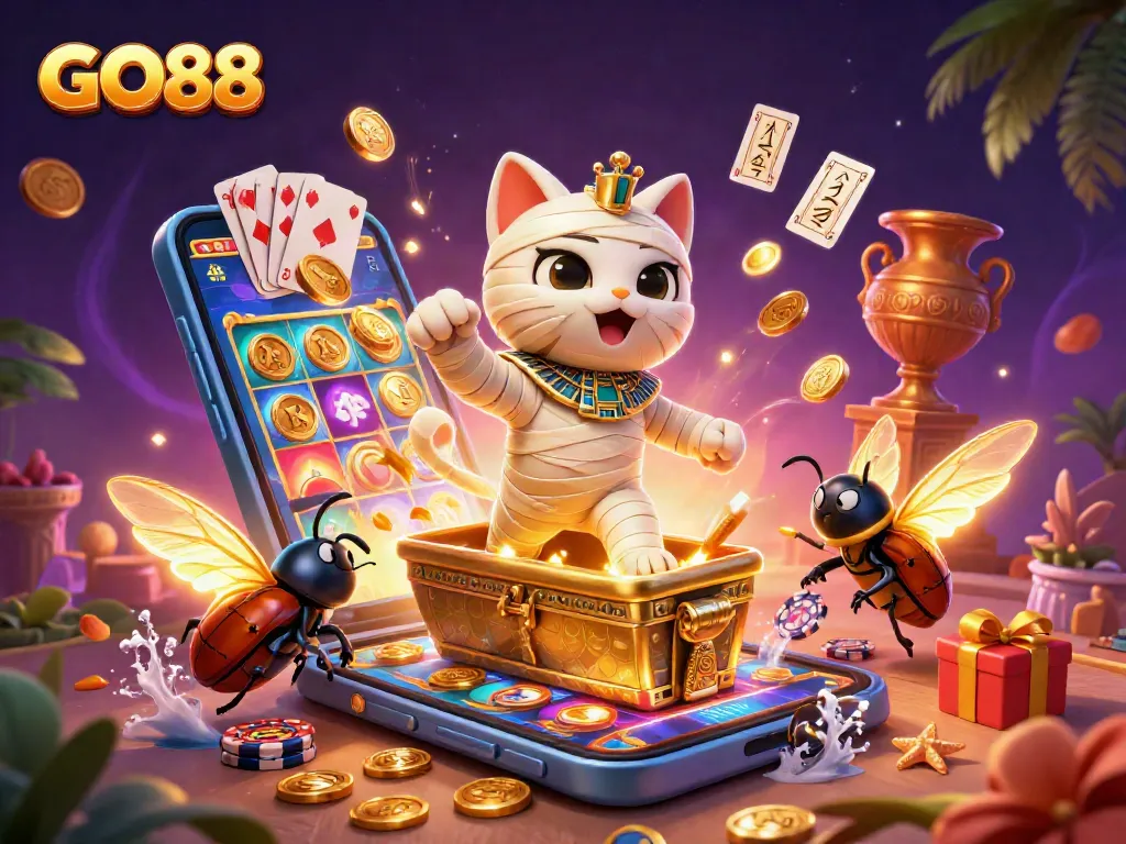 Experience GO88's vibrant gaming world with Egyptian-themed characters and exciting casino elements.
