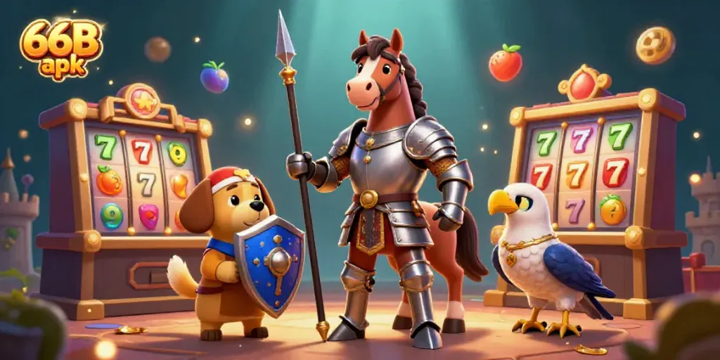 Engage with thrilling gameplay through 66B apk, illuminated by casino elements in a dynamic, immersive scene.