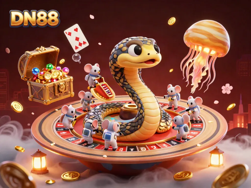 Experience the thrill of DN88 with a cosmic casino scene featuring a Saturn ring snake as a roulette wheel surrounded by playful astronaut mice.