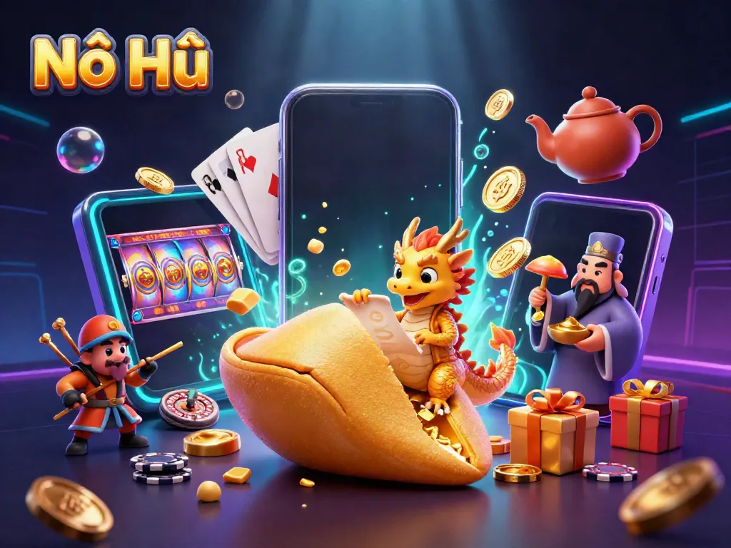Nổ Hũ showcases a vibrant 3D casino scene with dynamic characters and slot gaming elements.