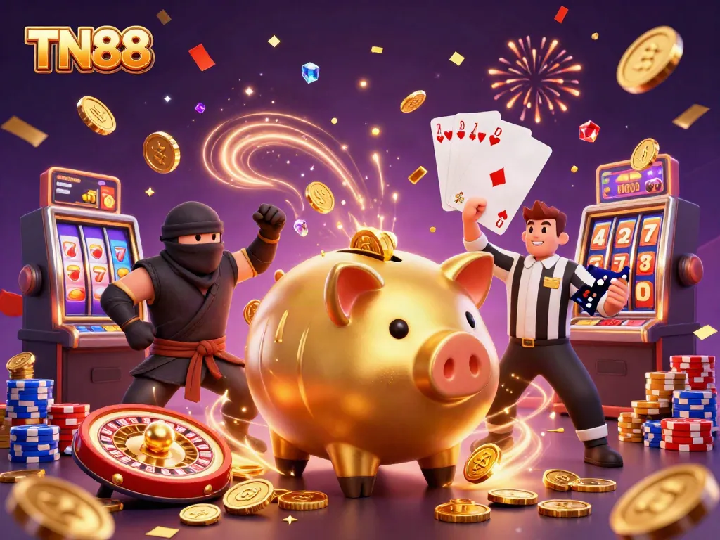 Experience thrilling wins at TN88 with a dynamic casino scene featuring golden coins and vibrant game elements.