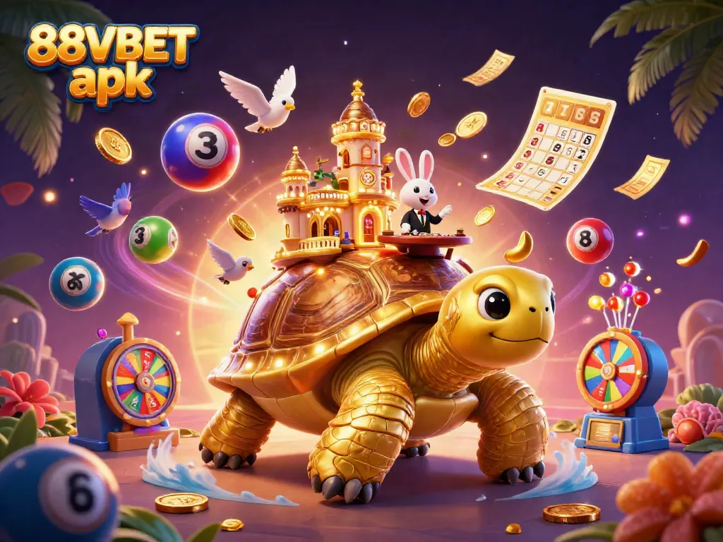 Experience the thrill of the 88VBET apk with a golden tortoise casino scene filled with vibrant lottery elements.
