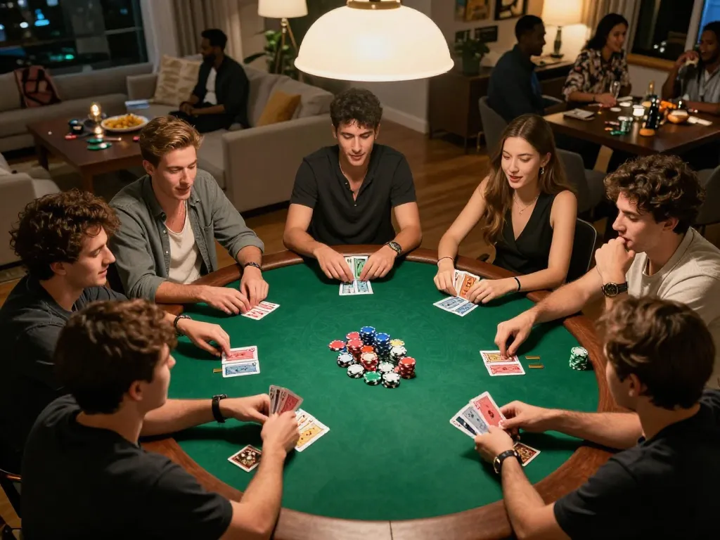 Engaging poker night with friends showcasing vipwin strategies at a vibrant home setup