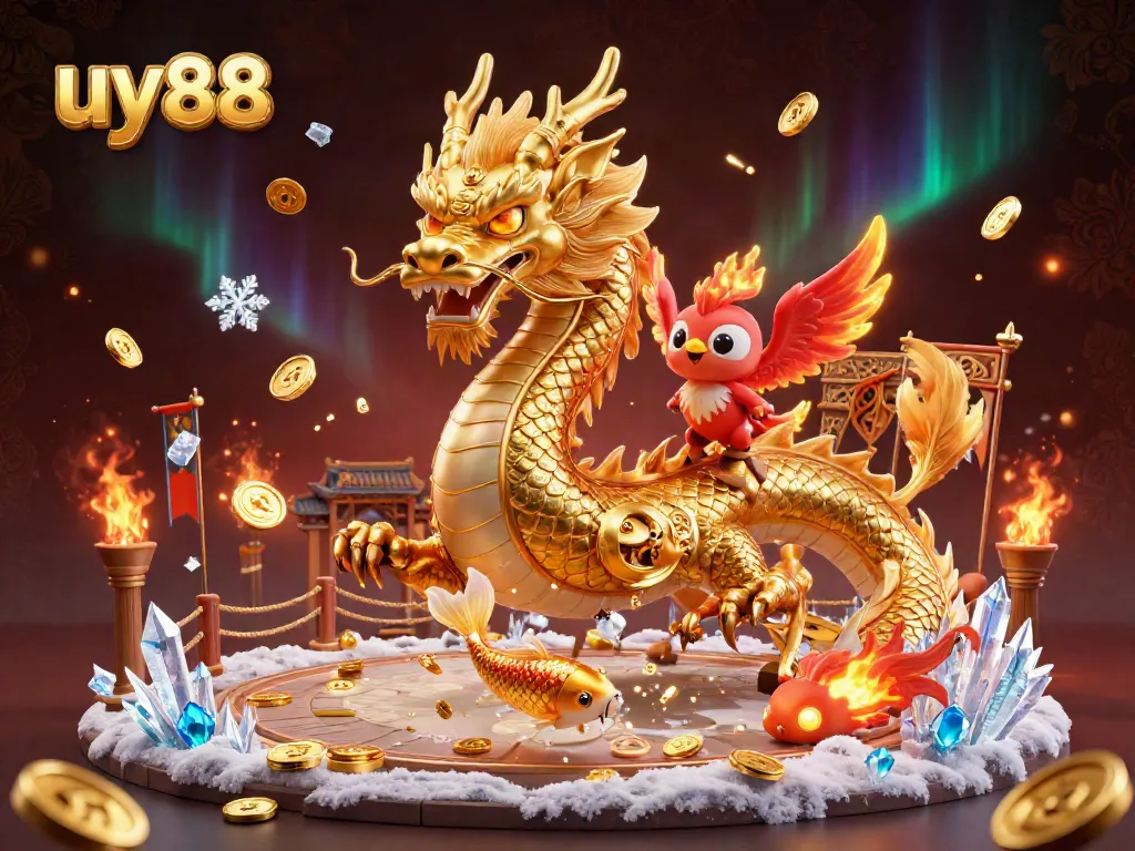 Experience thrilling gaming action at uy88 with a stunning dragon, phoenix, and koi fish amidst a sparkling treasure scene.