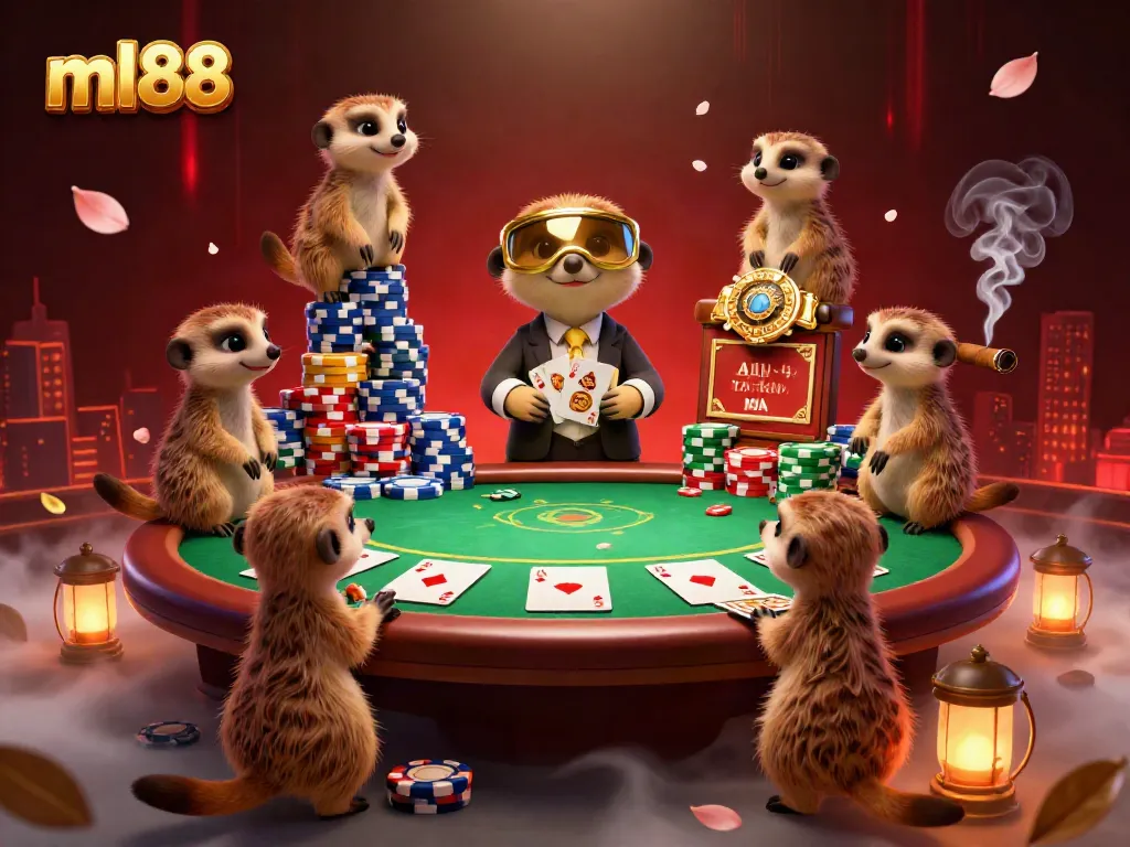Engage with ml88's thrilling online casino scenes where meerkats deal cards, showcasing vibrant poker elements.