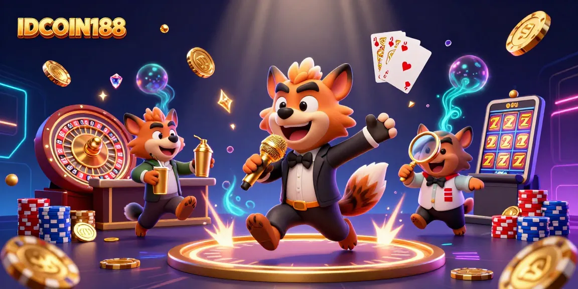 IDCOIN188 features a lively casino scene with hyena characters enjoying a comedy club atmosphere while celebrating with golden coins and slot machines.
