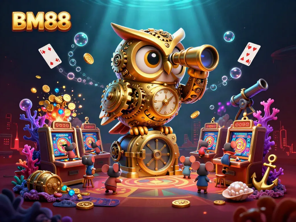 Experience the vibrant gaming action at BM88, featuring a golden owl overseeing dynamic slot machines and adorable mouse patrons.