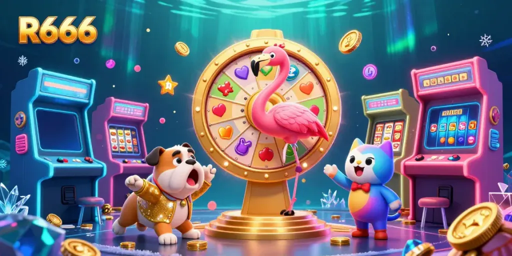 Join the excitement at R666 casino with a vibrant game show scene featuring a flamingo host and energized bulldog contestant.