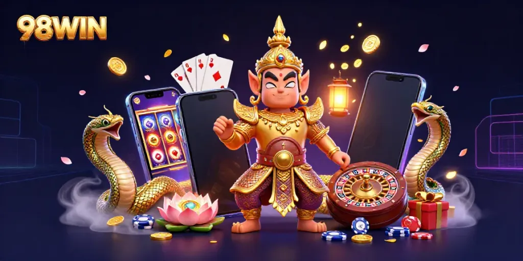Engage with 98WIN's vibrant casino scene featuring a golden guardian and interactive game elements.
