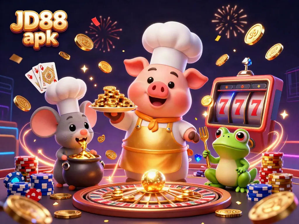 Engage with JD88 apk's vibrant gaming atmosphere featuring gold coins and characters.