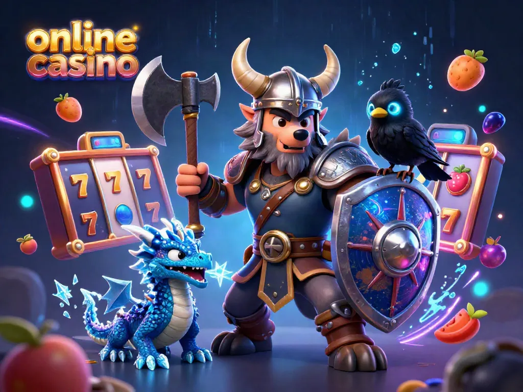 Experience the thrill of an online casino with cartoon Viking wolf and dragon under dynamic lights.