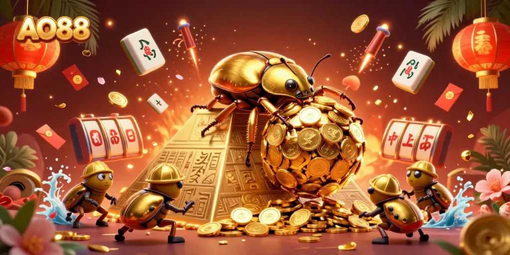 Spin and win with AO88 at a dynamic casino scene featuring golden beetles and festive elements.