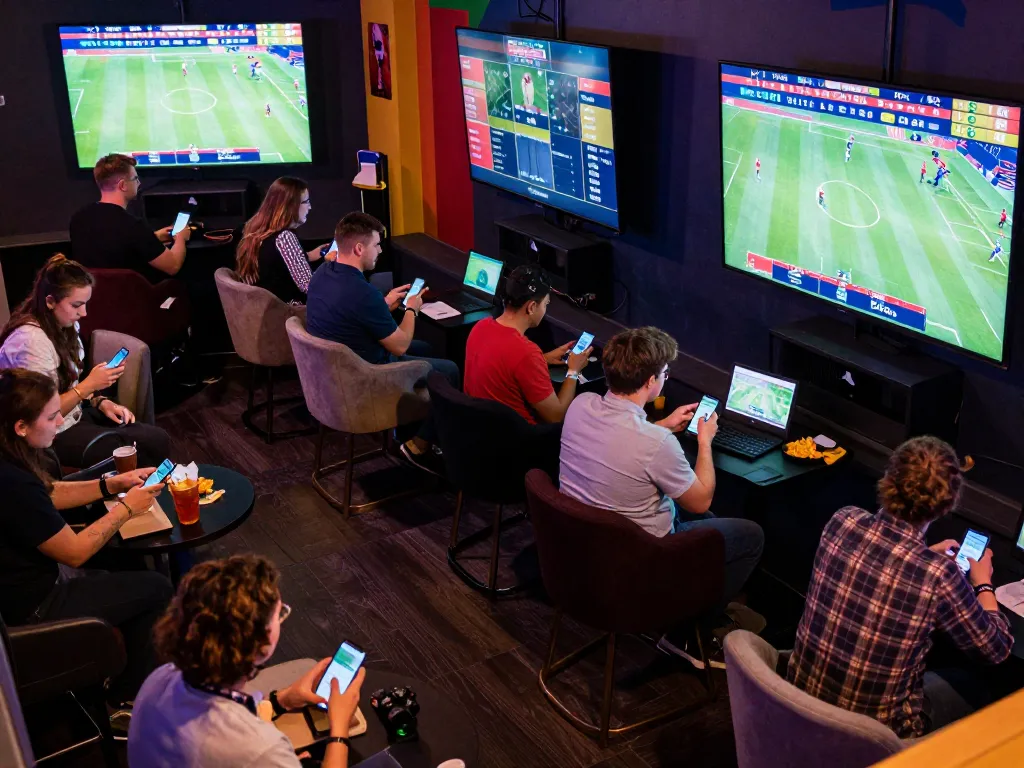 Fans analyzing kèo nhà cái while placing bets in a lively sports betting lounge with vibrant atmosphere