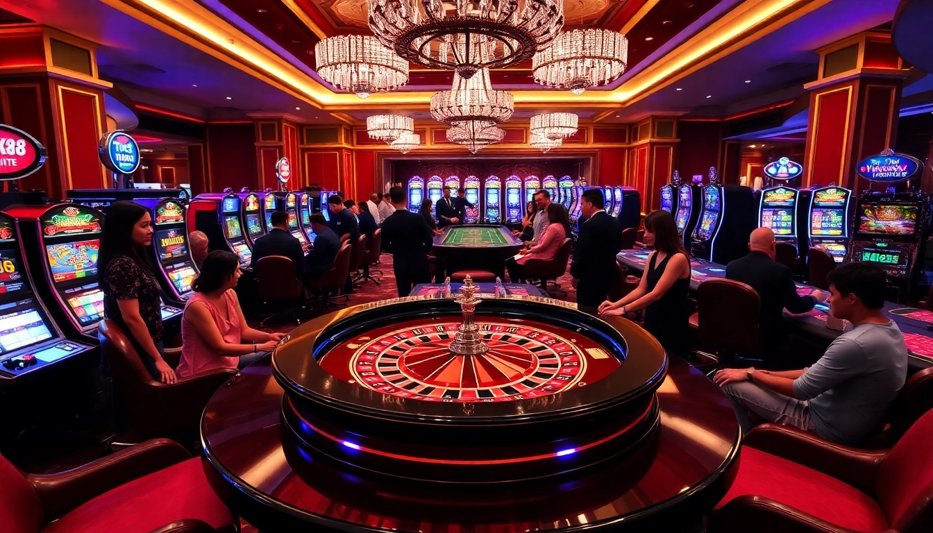 Players enjoying the TX88 themed roulette table at a luxurious casino, surrounded by slot machines.