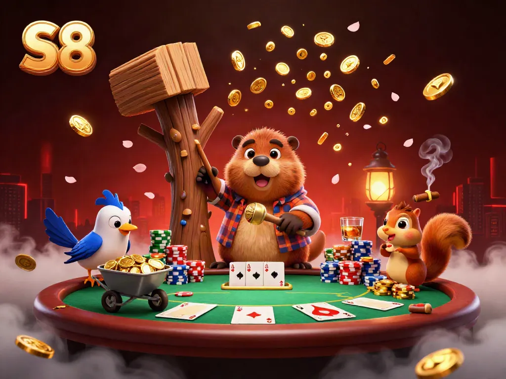 S8 offers exciting gambling experiences with a cartoon lumberjack beaver collecting coins at a dynamic casino scene.