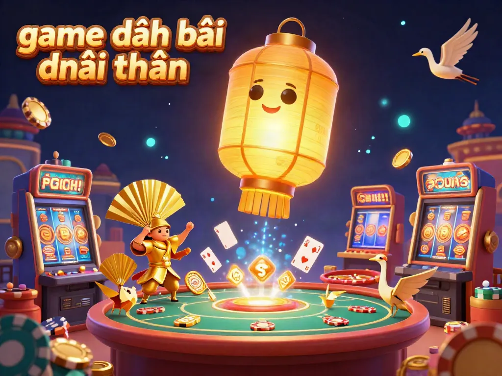 Engage with the vibrant game đánh bài đổi thưởng scene, featuring a golden lantern spirit amidst dynamic casino elements.