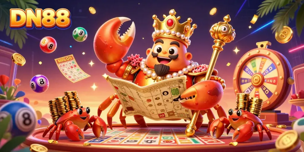 Experience the excitement of DN88 with a vibrant illustration of a golden crab emperor in a lively casino.