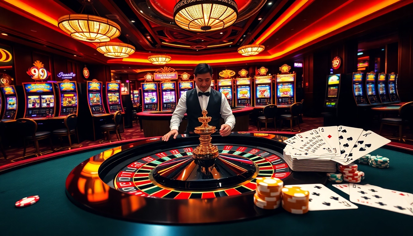 Winning big at 99WIN with a vibrant casino scene filled with roulette and poker action.