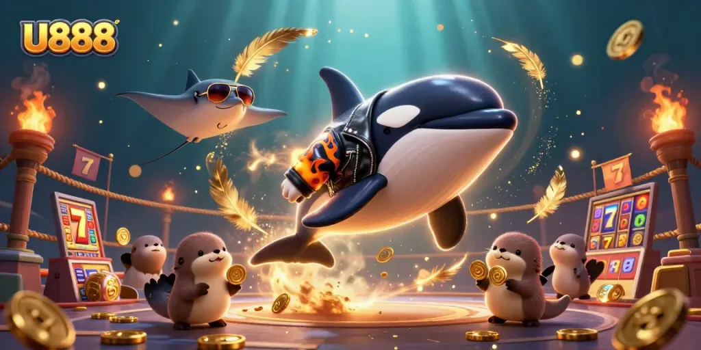 Experience U888's thrilling slots with a dynamic 3D casino scene featuring exciting ocean characters.