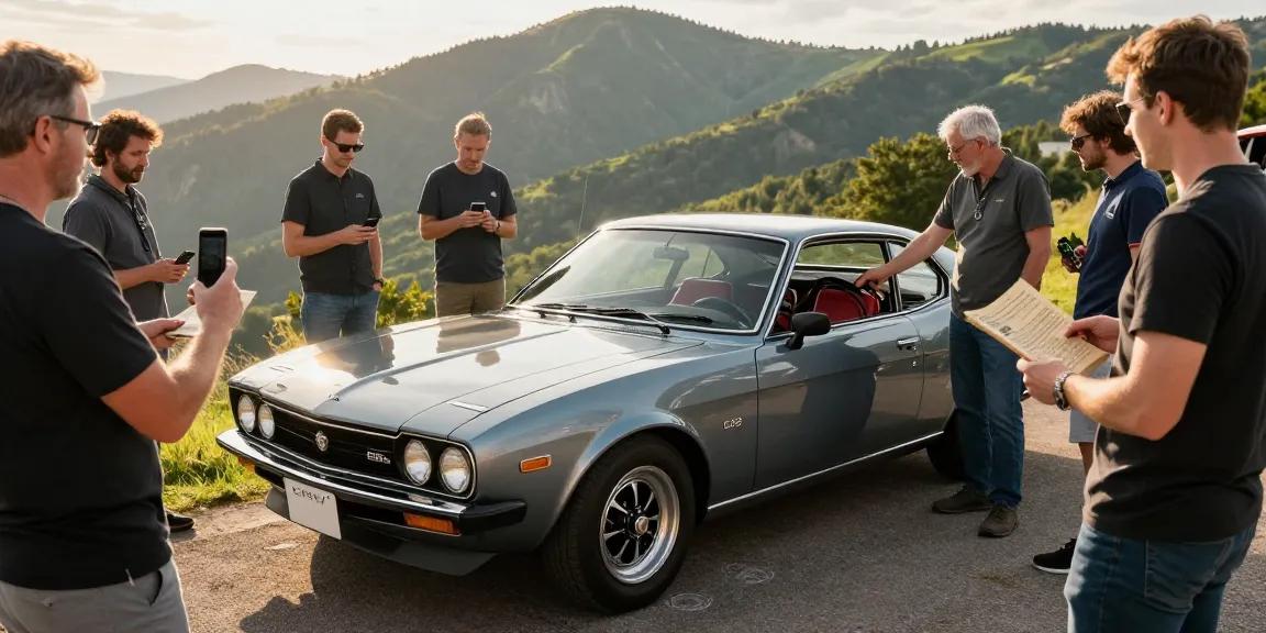 SV88 vintage 1988 HSV showcasing its classic design at a scenic overlook during golden hour with car enthusiasts engaged.