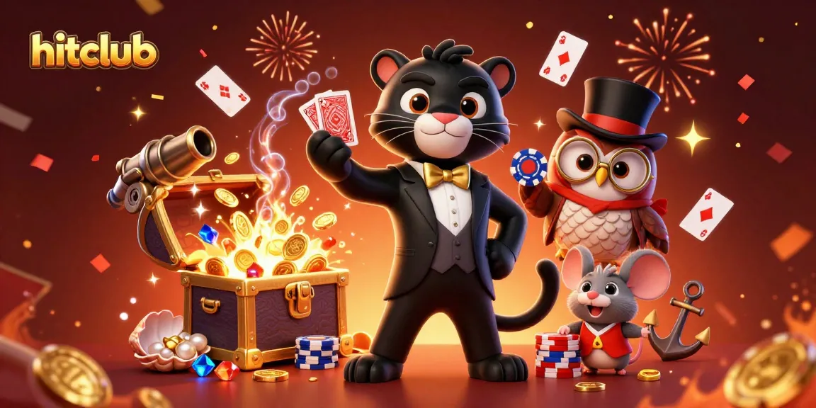 Engage in casino action with hitclub featuring a stylish cartoon panther, owl, and lucky mouse.
