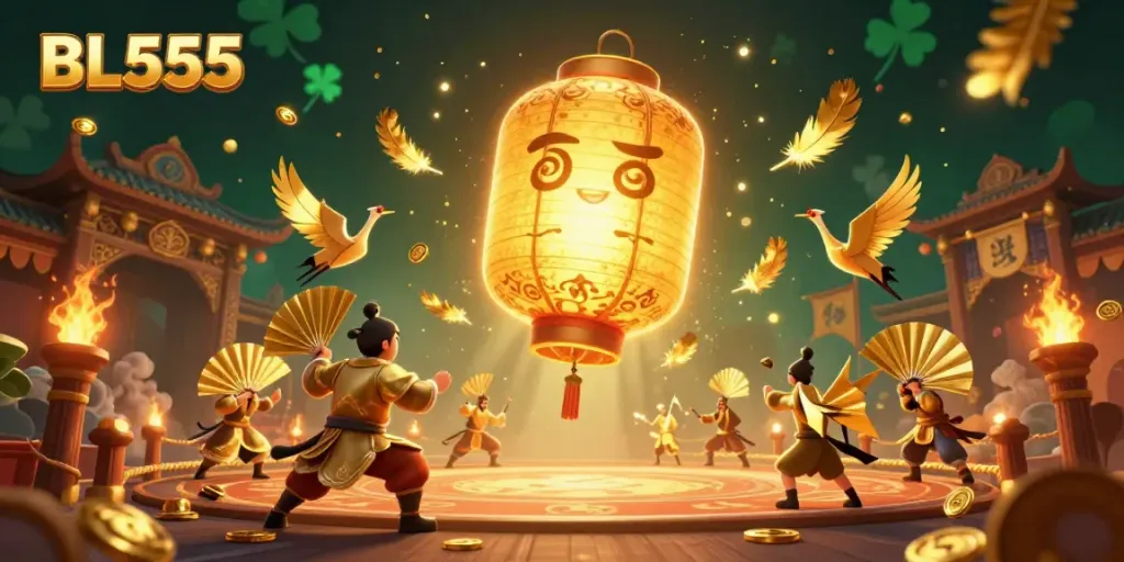 Engage with BL555, a vibrant casino scene filled with gaming elements and mystical characters.