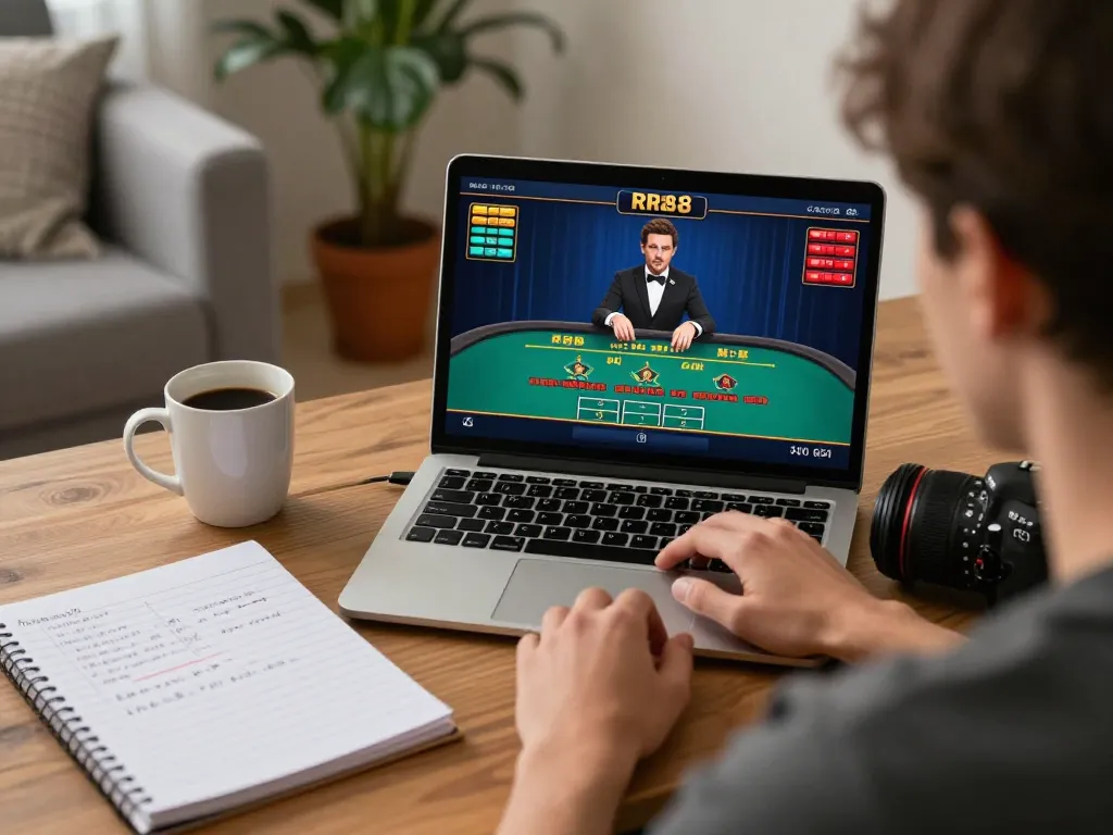 Player engaging in RR88 online blackjack from home, showcasing live dealer interface and betting strategy notes.