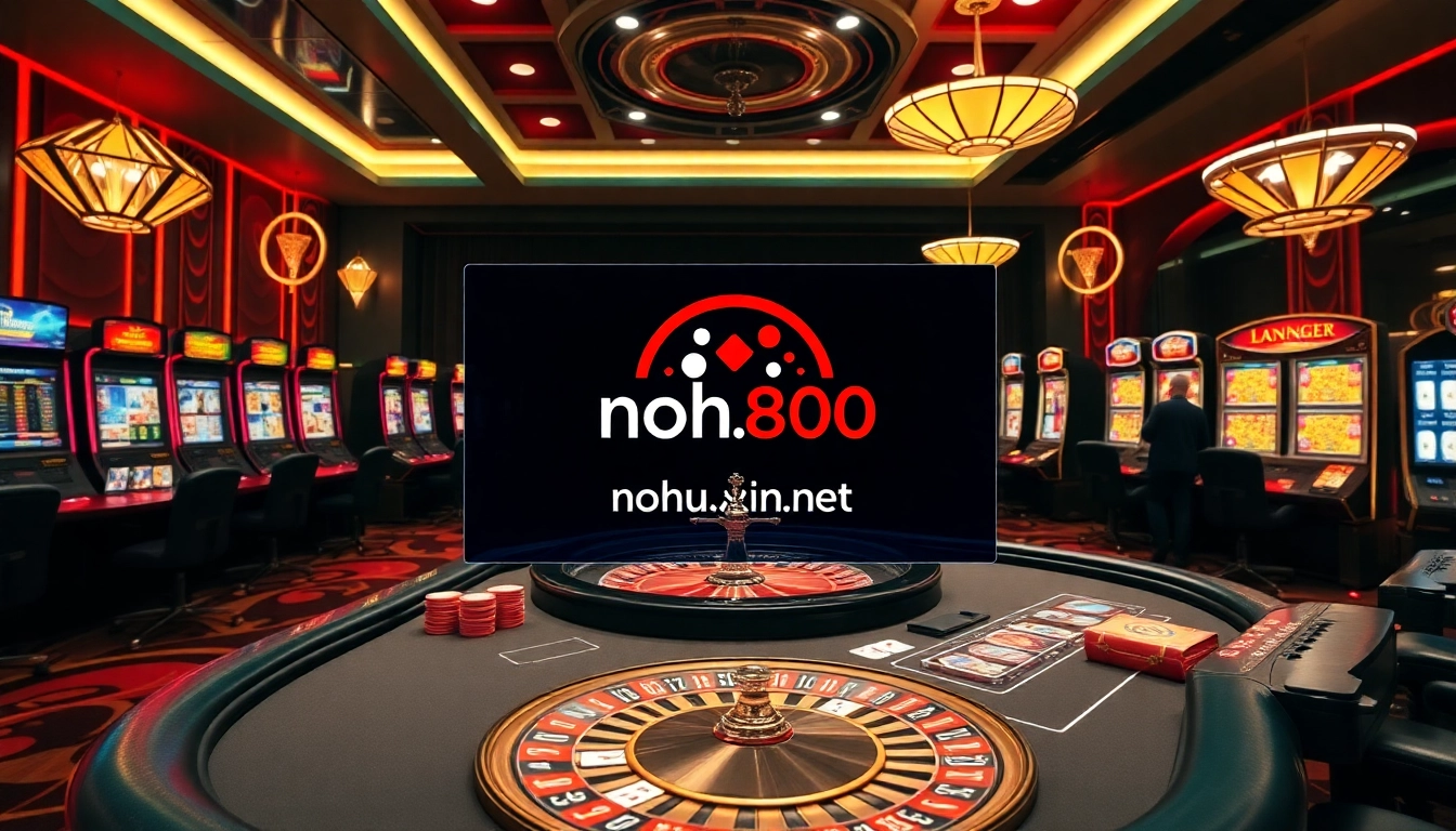 Engaging gamblers at the luxurious nohu900.in.net casino, featuring vibrant slot machines and a roulette table.