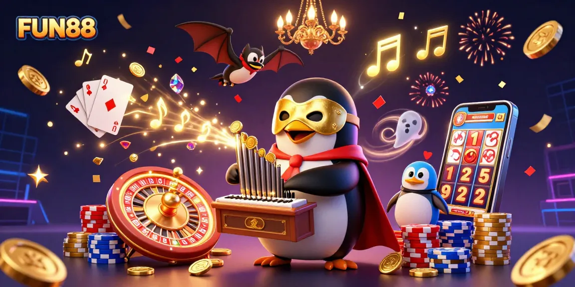 Engage in exciting gameplay with FUN88's vibrant casino elements featuring a cartoon penguin and golden coins.