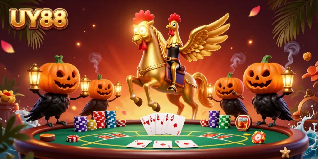 Experience the excitement of UY88 with a vibrant 3D casino scene featuring a golden rooster and poker elements.