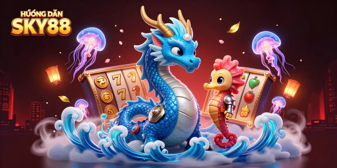 Experience the thrill of HƯỚNG DẪN SKY88 with vibrant dragons, seahorses, and slot elements.