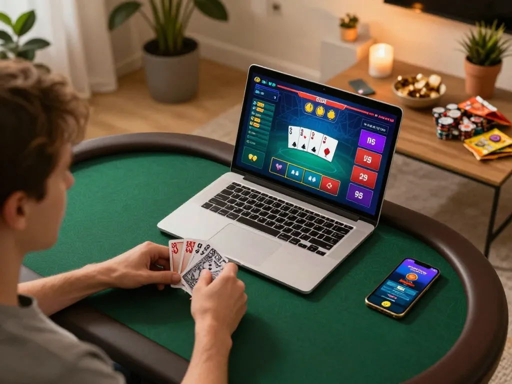 Player engaging in exciting online poker gameplay on 32win trang chủ with strategic insights and cozy setup.