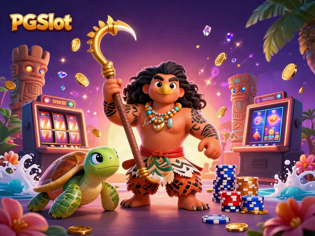Engage in PG Slot gaming adventures with a vibrant 3D scene of characters, coins, and slot reels.