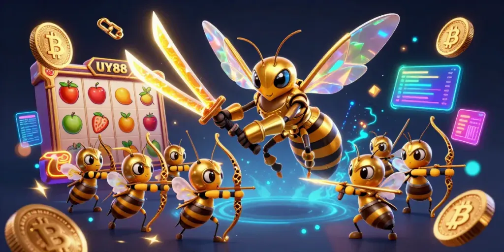 Experience the thrill of UY88 with vibrant casino elements swirling around a golden hornet in samurai armor.
