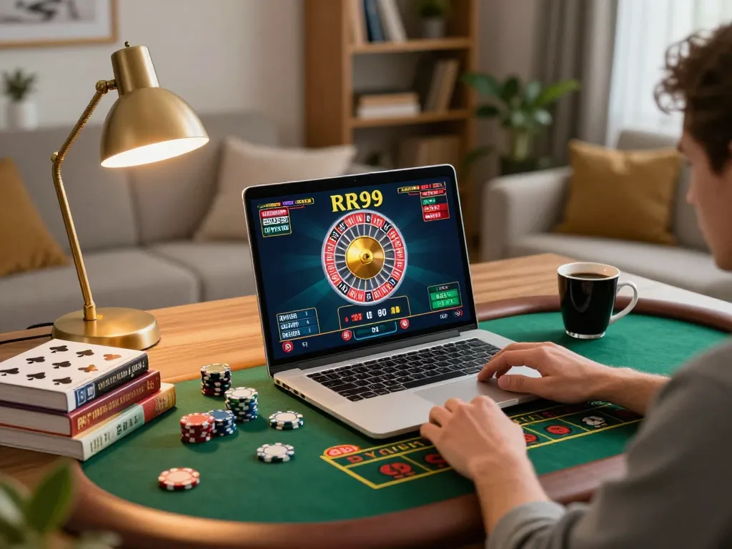 Engaged player participating in RR99 roulette game from home, showcasing online gambling atmosphere.