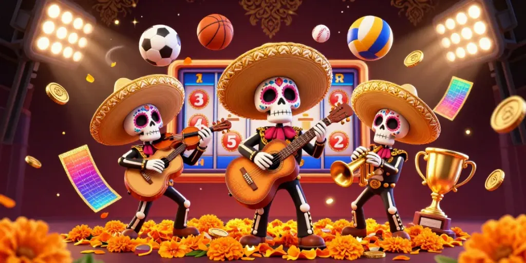 Join the excitement of hitclub. with Mariachi skeletons celebrating a vibrant online casino atmosphere.
